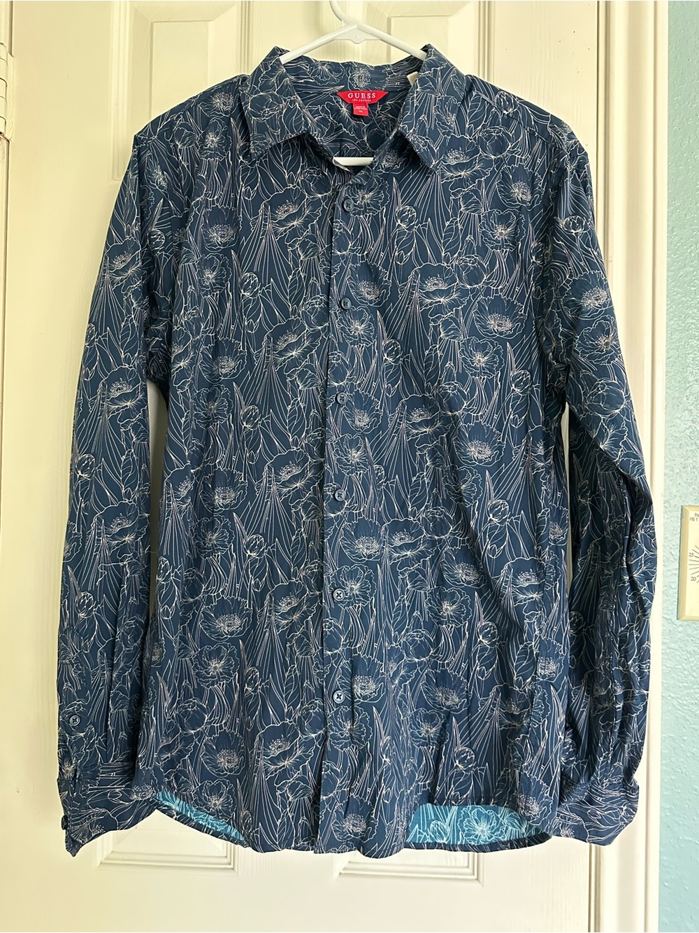 Guess Los Angeles Shirt Mens M Blue Floral Long Sleeve Cotton Stretch Button Up - Picture 1 of 7